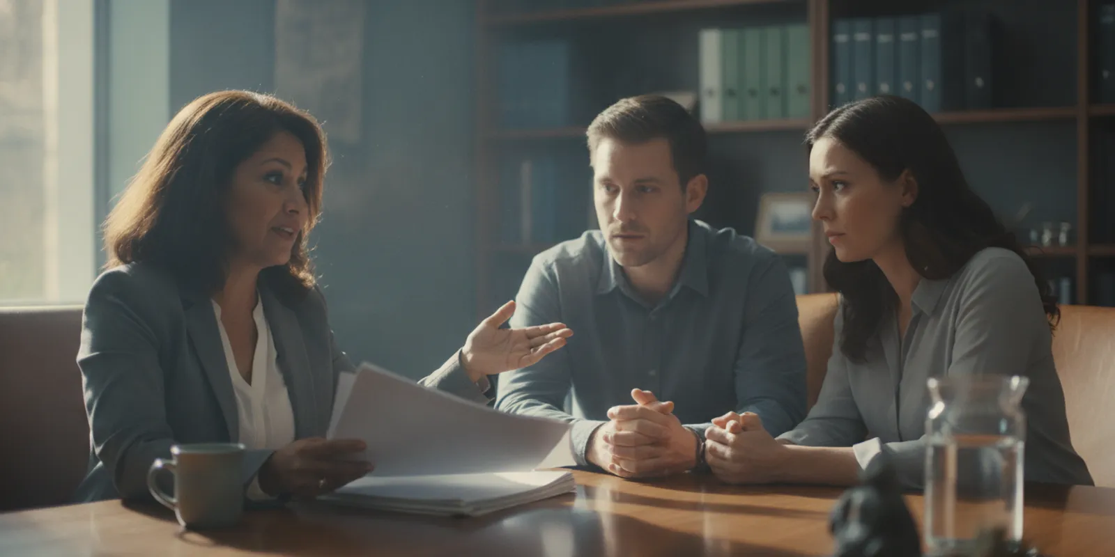Family members reviewing release paperwork with a bail agent in a calm office